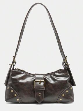 Women's Dark Brown Leather Shoulder Bag with Buckle Detail